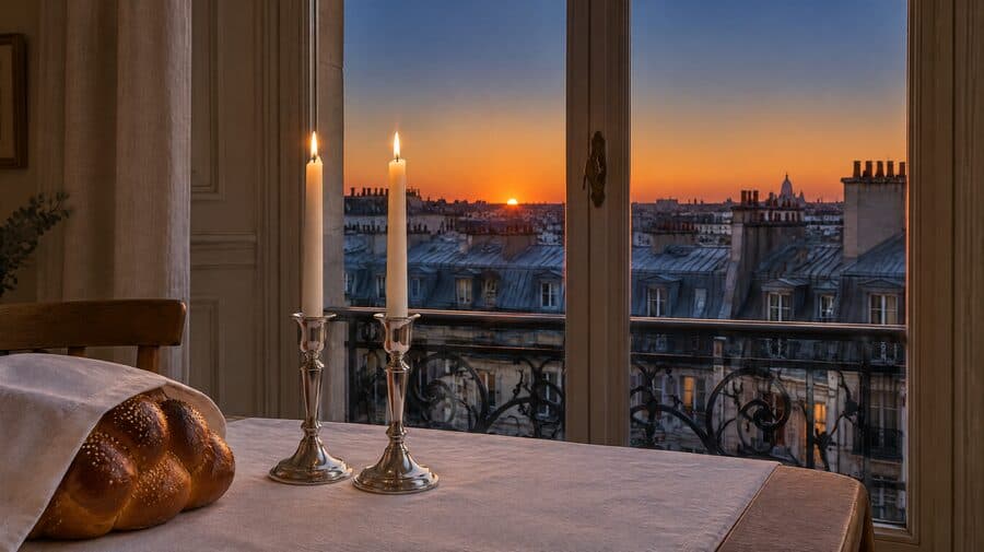 Two lit Shabbat candles in front of a window overlooking the rooftops of Paris at sunset
