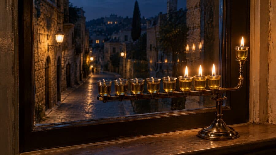 A menorah with eight oil cups on a windowsill in the evening