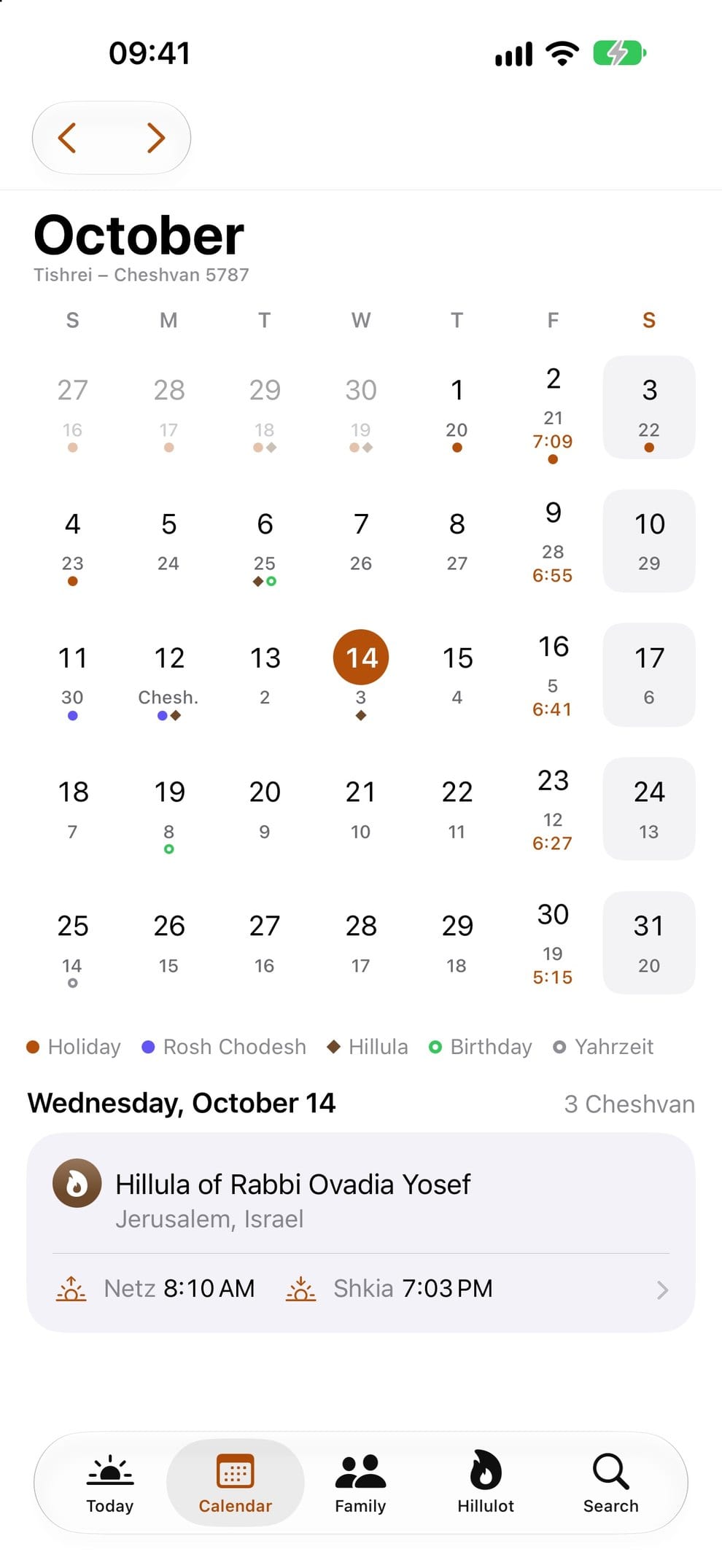 The month calendar, civil and Hebrew dates