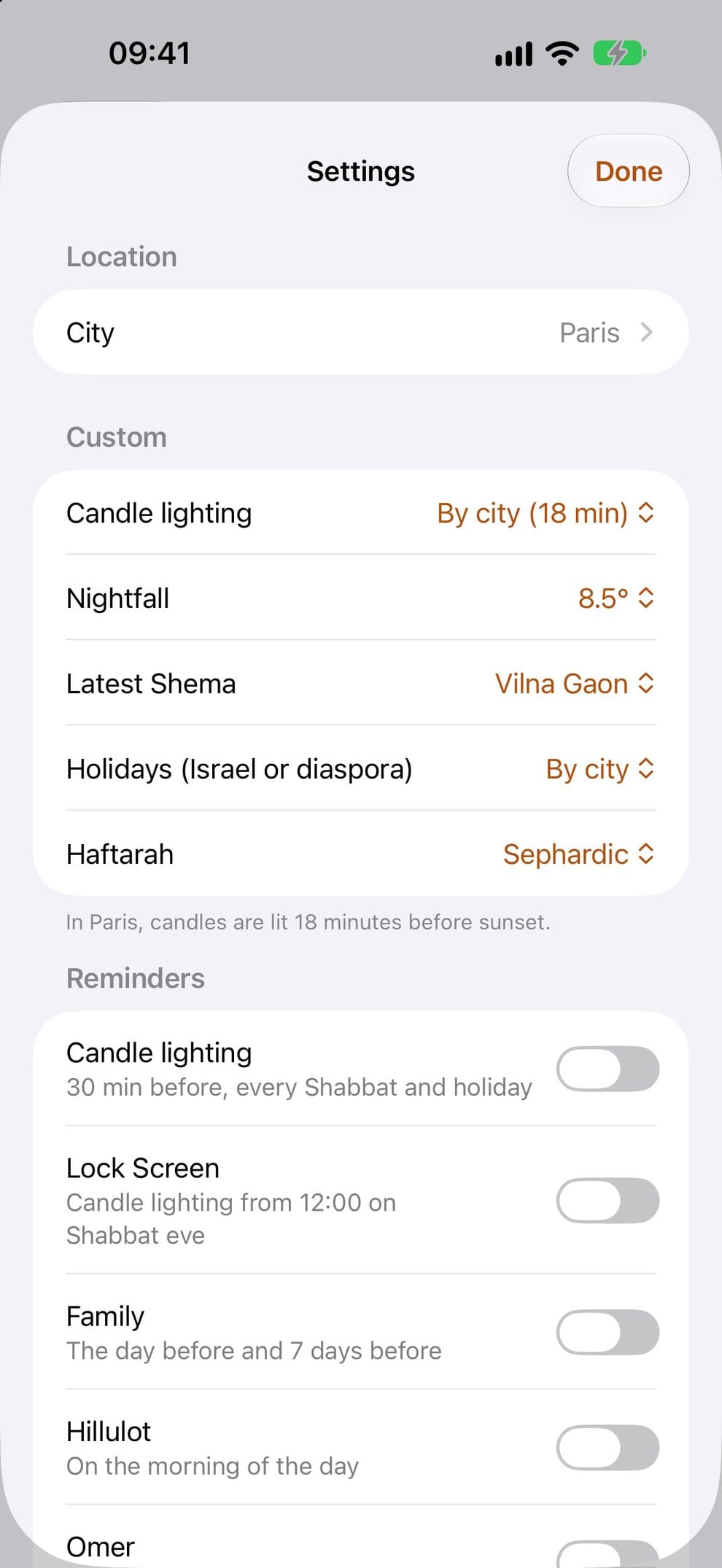 Settings: city, custom and reminders
