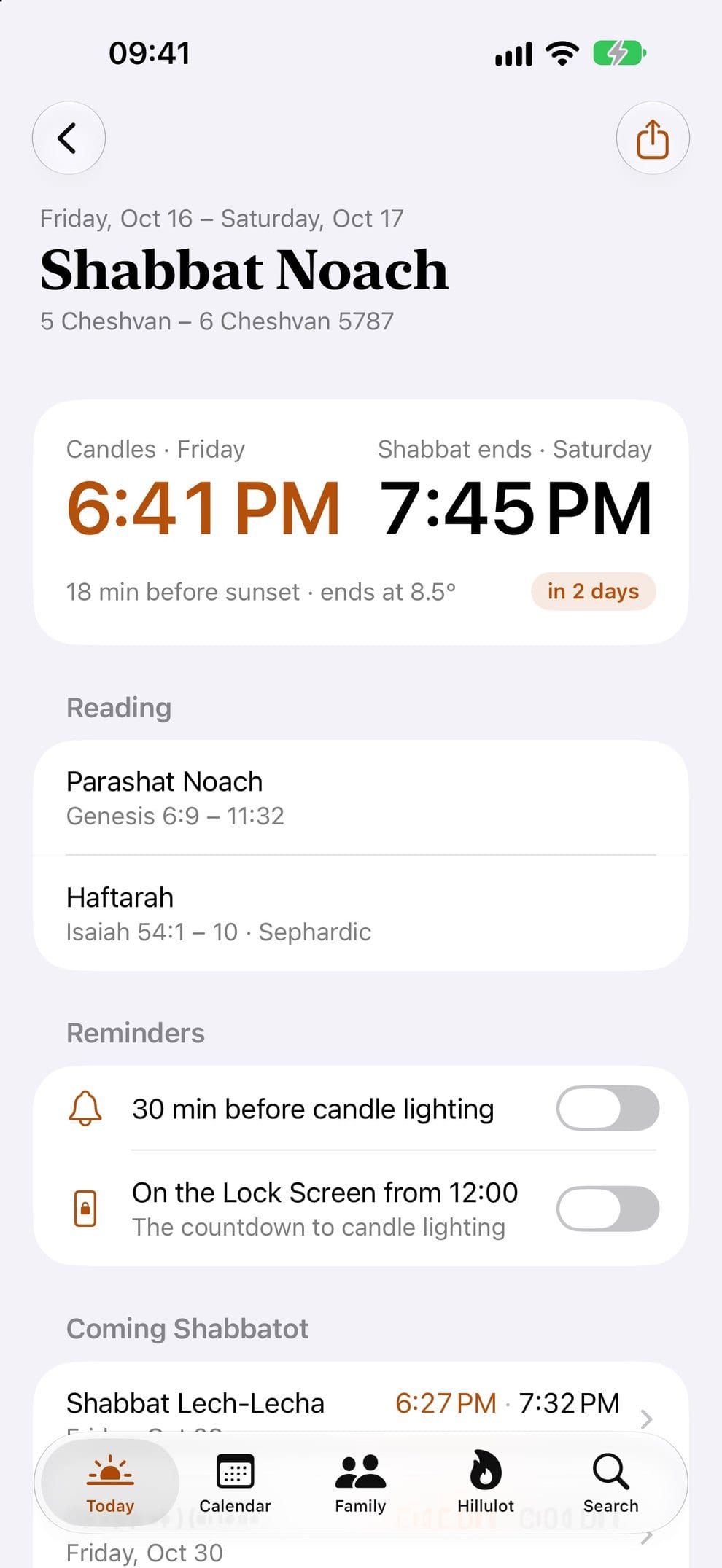 The Shabbat screen: candle lighting, Havdalah, reading and reminders