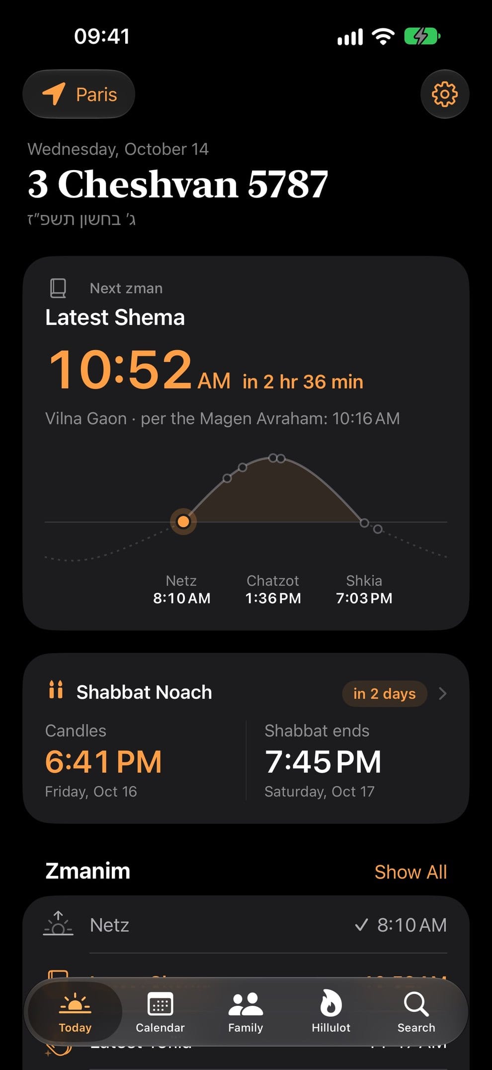 The Today screen in dark mode: Hebrew date, next zman, path of the sun and this week’s Shabbat