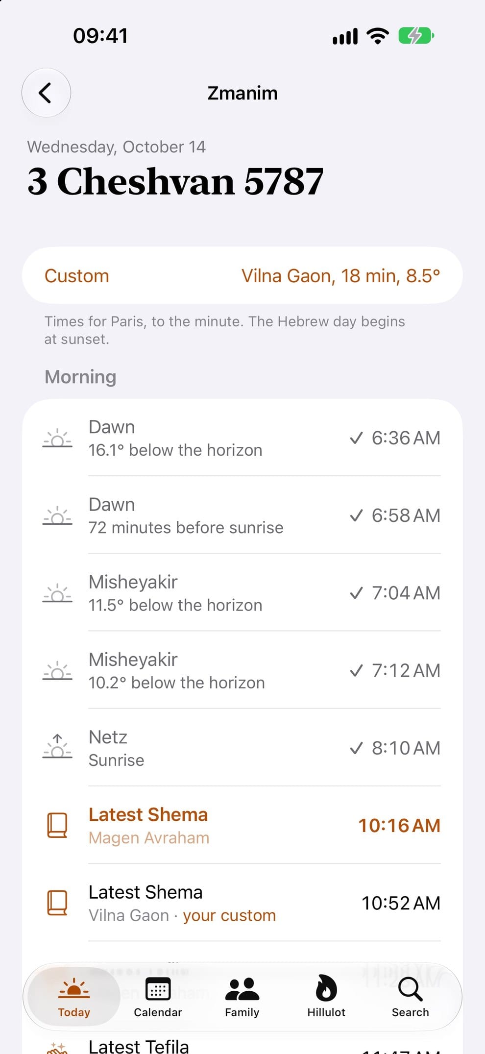The list of the zmanim of the day