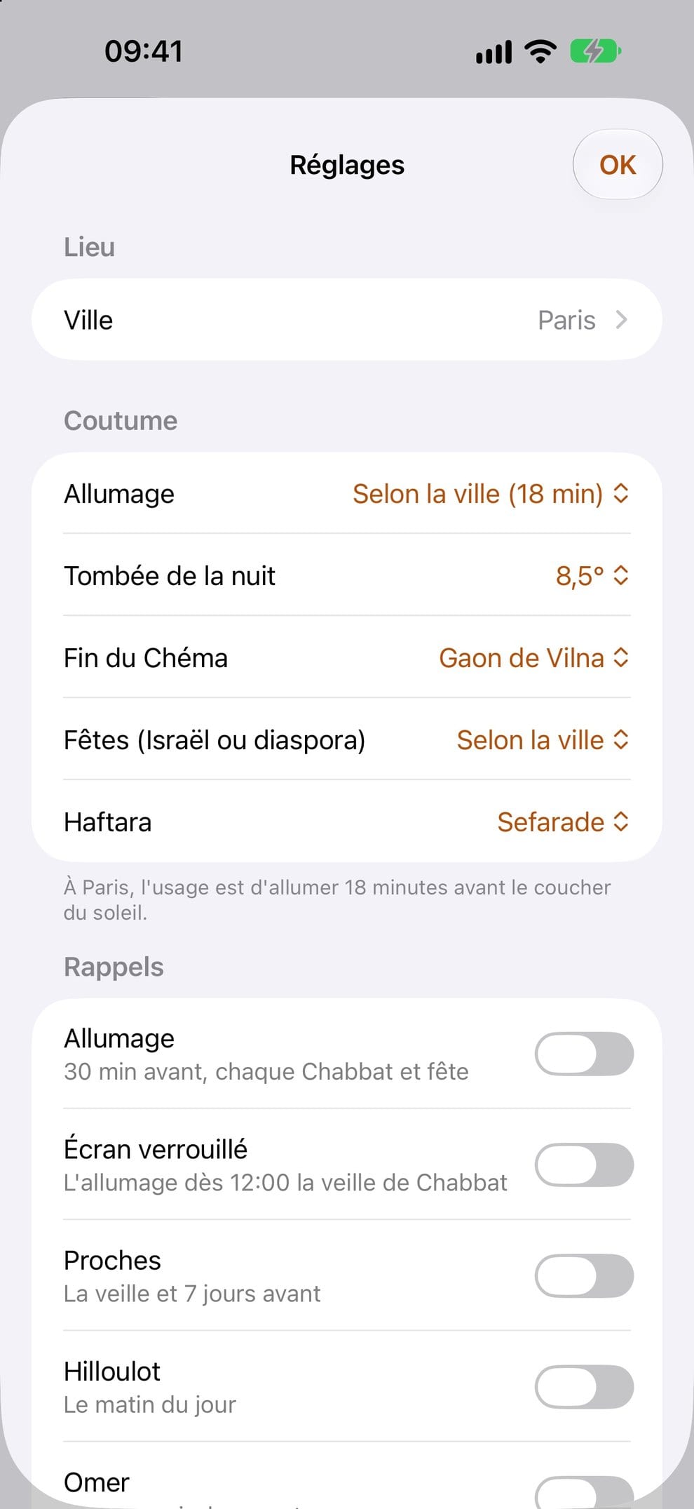 Les réglages : ville, coutume et rappels